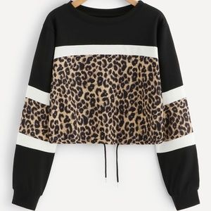 Tops - Black & Leopard Drawstring Hem Sweatshirt - NWOT Tops - Black & Leopard Drawstring Hem Sweatshirt - NWOT